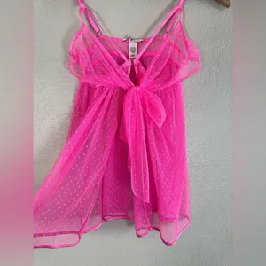 Victoria’s Secret Hot Pink Swiss Dot Sheer Mesh Babydoll Bow Tie Front $80 Small thumbnail 5