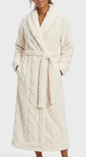 Roudelain Wrap Bathrobe Womens S White Fleece Cable Knit Shawl Collar Belt Waist thumbnail 1
