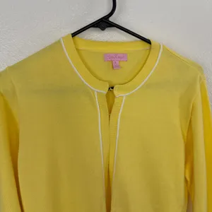 Lilly Pulitzer Cardigan Womens S/M Yellow White Cotton Open Front Knit Sweater thumbnail 2