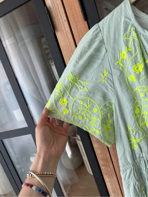 Anthropologie The Somerset Mini Dress Embroidered Linen short sleeve splice mint thumbnail 5