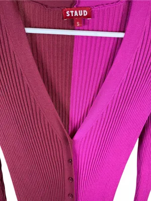 STAUD Shoko Colorblock Ribbed Knit Sweater Dress Fuchsia Bordeaux Midi Size S thumbnail 10