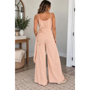 Free People Peach Blush Wide Leg Wrap Overlay Jumpsuit Medium Cotton Gauze Tie thumbnail 3