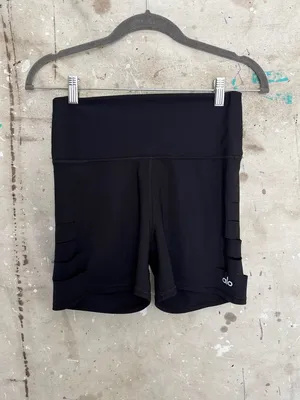 Alo Yoga Ripped High Waist Warrior Bike Shorts in Black thumbnail 3