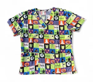 Comfy Cotton Halloween Theme Green Orange Purple Spooky Animated Nurse Scrub Top thumbnail 1
