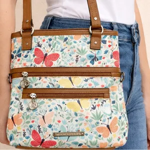 Floral Butterfly Tote Bag with Tan Accents thumbnail 1