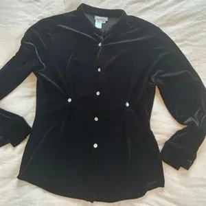 Coldwater Creek Black Stretch Velvet Button Down Mock Neck Top Small thumbnail 1