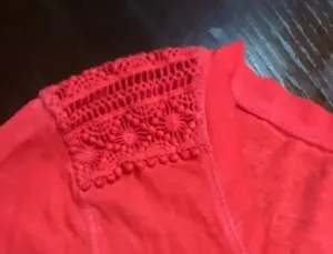 Lauren Jeans Co. Ralph Lauren Women's Red Henley Shirt with Crochet Shoulder Det thumbnail 6