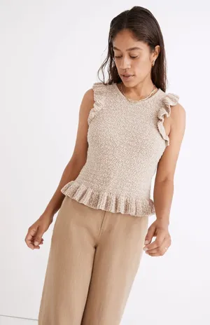 Madewell Nicollet Ruffle Sweater Tank Top Knit Large Tan Sleeveless Boho Cottage thumbnail 1