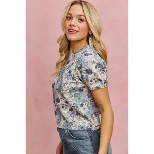 SO ME Floral Print Short Sleeves Sweater Knit Top - Blue - XL thumbnail 4