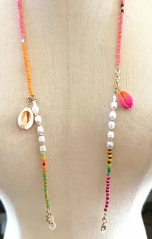 Colorful Beaded Eyeglass Holder Necklace with Cowrie Shells & Faux Pearls thumbnail 1