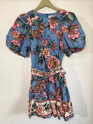 FARM Rio Blue Floral Puff Sleeve Belted Mini Dress Size S thumbnail 1