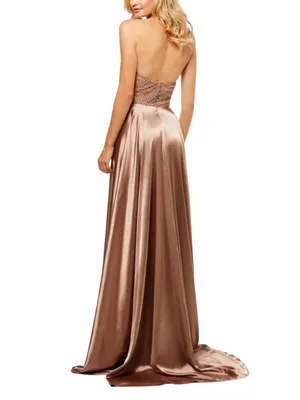 Sherri Hill 52570 Beaded Rhinestone Satin Layered Halter Gown 0 in Mocha thumbnail 3