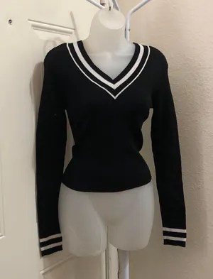 Black and white striped V-neck sweater top shirt blouse long sleeve preppy dark academia goth old money Size L thumbnail 2