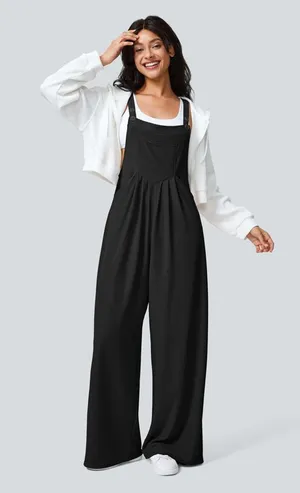 Halara Black Pockets Waffle Casual Wide Leg Overalls thumbnail 1