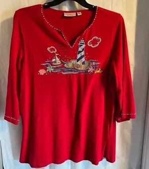 Quacker Factory Red Beaded Embroidered Lighthouse Nautical Themed Top Size Large‎ thumbnail 1