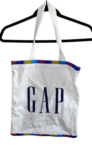 Gap NWOT Logo Canvas Tote White Rainbow Trim Minimalist Shopper Reusable Carryall‎ thumbnail 1