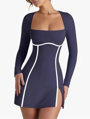 NEW Navy Blue Long Sleeve Square Neck Bodycon Side Slit Mini Dress M thumbnail 1