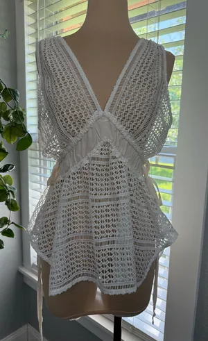 Derek Lam 10 Crosby White Crochet V-Neck Peplum Top Silk Ruched Detail Size 6 thumbnail 1