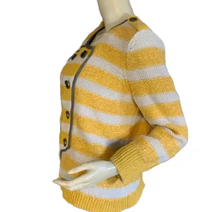 Loft Mustard Yellow, Beige & Gray Striped Cotton Cardigan Sweater (M) thumbnail 4