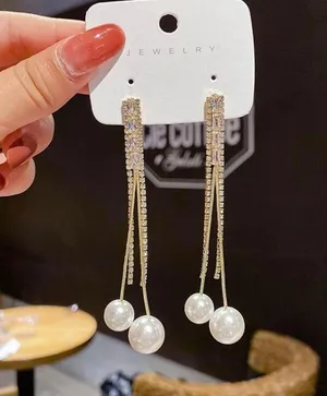 Women’s White Pearl Tassel Dangle Drop Earrings Gold thumbnail 3