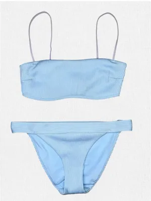 Abercrombie Fitch Ribbed Bikini Set S/M Blue Bralette Top Cheeky Bottom Swimsuit thumbnail 1