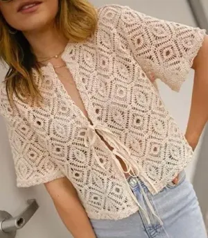 Future‎ Collective Alani Noelle Short Sleeve Tie Front Crochet Lace Stunning thumbnail 1
