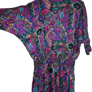 VTG En Focus Geometric Jumpsuit Purple L Rayon Southwestern Boho 90s USA Made thumbnail 13
