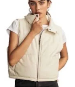 Anthropologie Cream‎ Faux Leather Puffer Vest L Minimalist Cozy Quiet Luxury thumbnail 1