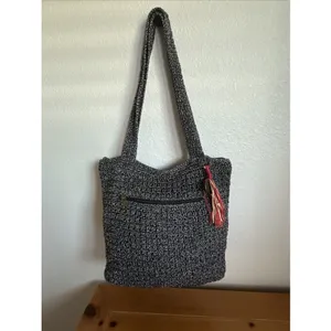 The Sak Lanie Market Tote Purse Crocheted Shoulder Bag Black Brown 14"x12" thumbnail 5