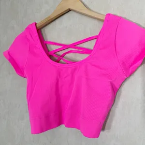 aerie Ribbed Crop Top Shirt Shortsleeve Back Criss Cross Straps in Pink Neon XXL thumbnail 4