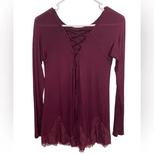 Altar'd State Maroon Long Sleeve Blouse With Lace‎ Size Small Laced Back Whimsy thumbnail 2