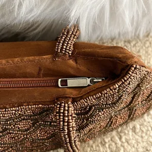 Vintage brown beaded fish scale triangle shape double handle satin handbag purse thumbnail 10