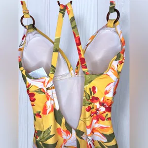 KONA SOL Boho Tropical Floral One Piece Swimsuit Yellow Hibiscus Print Small thumbnail 6
