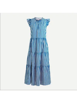 J. Crew Tiered Cotton Dobby Dress in Cape Blue White Green Stripe Large thumbnail 5