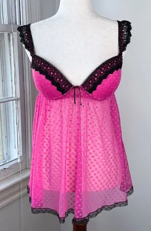 Seductivewear by Cinema Etoile Pink Hearts Babydoll Chemise Black Lace Medium thumbnail 1