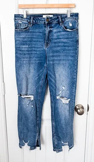 Mica Los Angeles Straight Leg Distressed Raw Split Hem Jeans Size 30 thumbnail 1