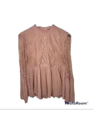 American Eagle Blush Pink Lace Peplum Bell Sleeve Long Sleeve Top Blouse thumbnail 11