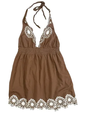 Vtg Y2K Floral Embroidered Halter Babydoll Top Sz 8 Brown Smocked Boho Festival thumbnail 1