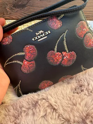 NWT Coach CDF05 Corner Zip Wristlet With Cherry Print Smooth Leather Black Multi thumbnail 7