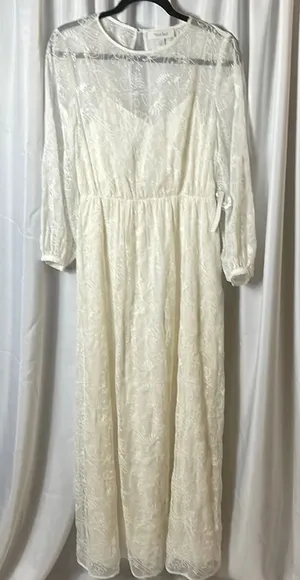 ModCloth Ivory Lace Maxi Dress Long Sleeve Sheer Overlay Lined Size S thumbnail 1