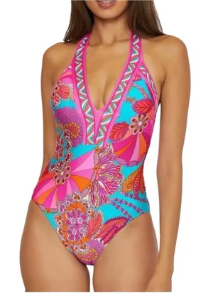 Trina Turk Swimsuit Women 14 Blue Meilani Border Halter Plunge NWT Colorful thumbnail 1