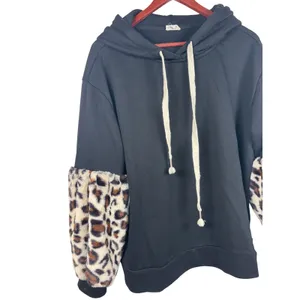 POL Hoodie Small Black Faux Fur Leopard Print Sleeve Pullover Sweatshirt Cheetah thumbnail 3
