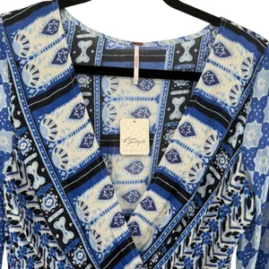NWT Free People Rosalie Blouse Top‎ Indigo Combo Smocked Bell Sleeve Size Small thumbnail 7