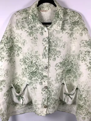 Angel Pie Linen Shirt S/M Green Floral Lagenlook Oversized Boho USA Made thumbnail 12