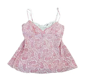 Vintage Anchor Blue Pink Paisley Babydoll Top Tie Back Cream Lace Trim Y2K thumbnail 1
