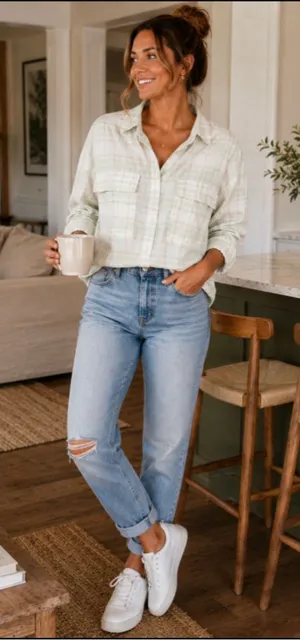 Women's Abercrombie & Fitch Plaid Button Down Shirt S White Green thumbnail 1