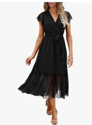 NEW Swiss Dot Wrap V Neck Cap Sleeve Midi Dress M NO BELT thumbnail 6