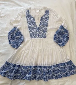 Dotti Women XL White Blue Floral‎ Embroidered Tiered Boho Mini Dress Tunic NWT thumbnail 1