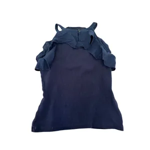 Maeve by Anthropologie Navy Blue Ribbed‎ Ruffle Cold Shoulder Halter Top XL thumbnail 2