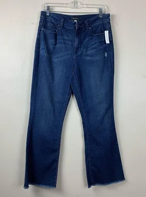 Halogen Cropped Kick Flare Jeans High Rise Frayed Ankle Distressed Dark Wash 28 thumbnail 2